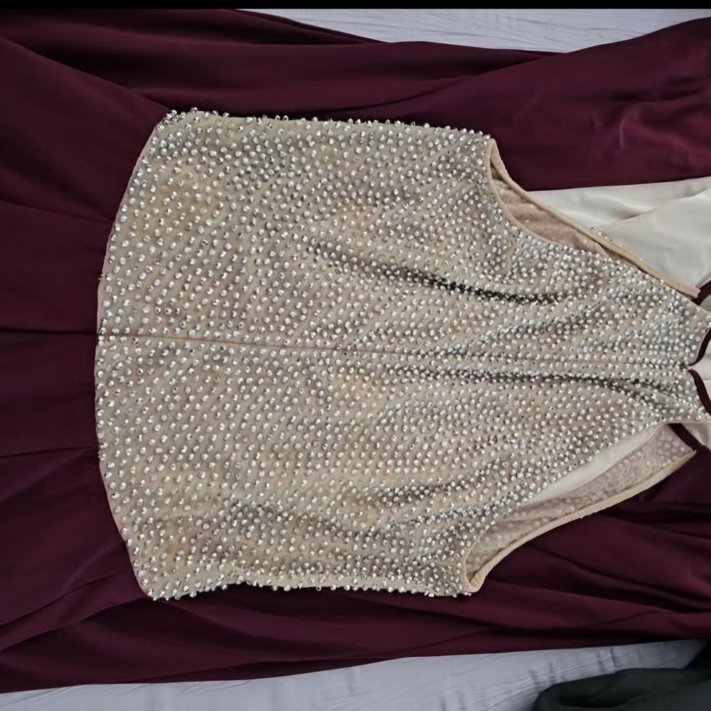 XSCAPE Gown 2 Burgundy Illusion Cutaway High Neck - Picture 5 of 8